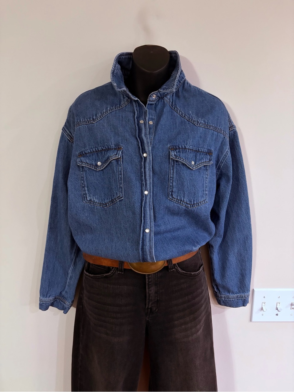 Women’s Blue Denim Pearl Snap-Front Jacket by Risen